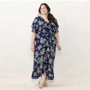 LC Lauren Conrad Plus Size 3X Ruffled Wrap Maxi Dress Navy Blue Floral Cottage